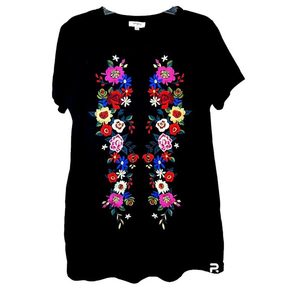 Umgee Floral Embroidered Black Tunic TShirt Dress S Pockets Festival Cottagecore - Picture 2 of 6